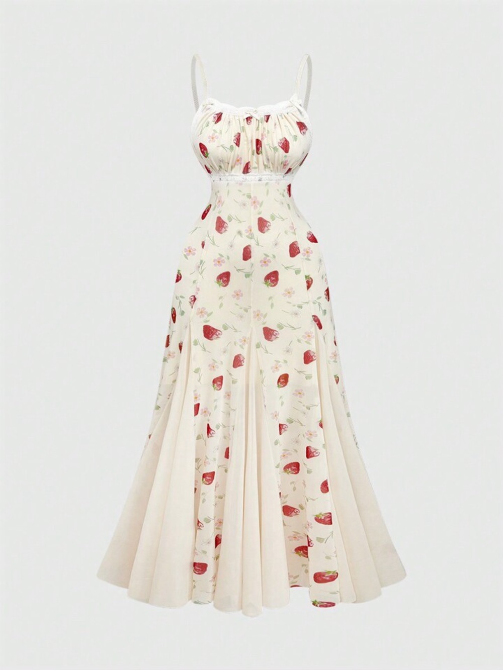 ROMWE Women's sz 3XL Maxi Dress Strawberry Soft Tulle Cream Red Empire Waist NEW